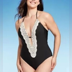 NWT Kona Sol Crochet Necklace Plunge One Piece Swimsuit XL (16-18)